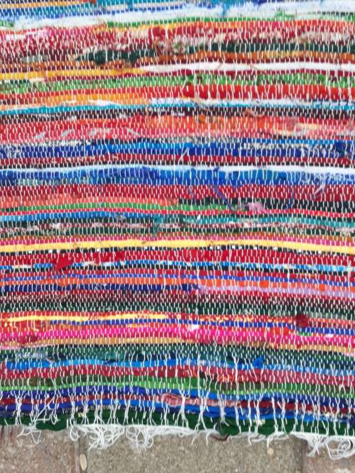 A VERY COLOURFUL & INTERESTING RUG?? THROW, TABLE DECOR ETC PIECE. TEXTURED