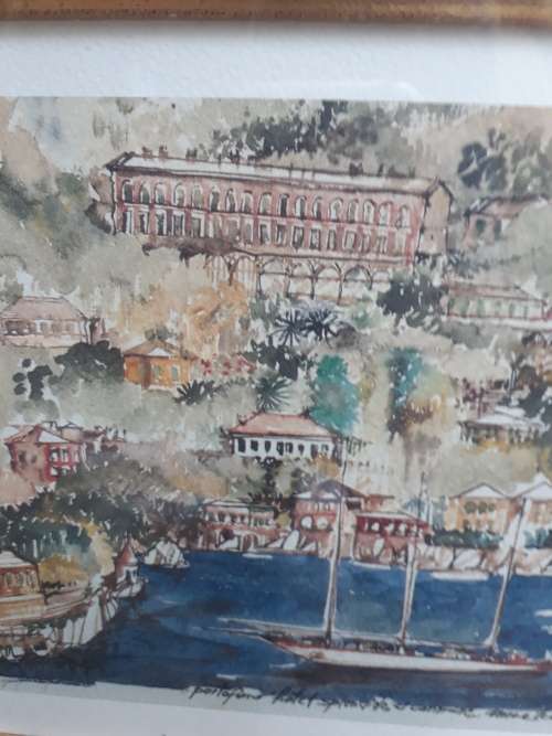 VERY NICELY FRAMED LARGER PORTOFINO ITALY HOTEL SPLENDIDO PRINT