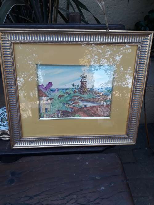 BEAUTIFULLY FRAMED ORIGINAL FRAMED INK? AND WATERCOLOUR PAINTING OF THE VILLAGE OF MONTALBAN SPAIN