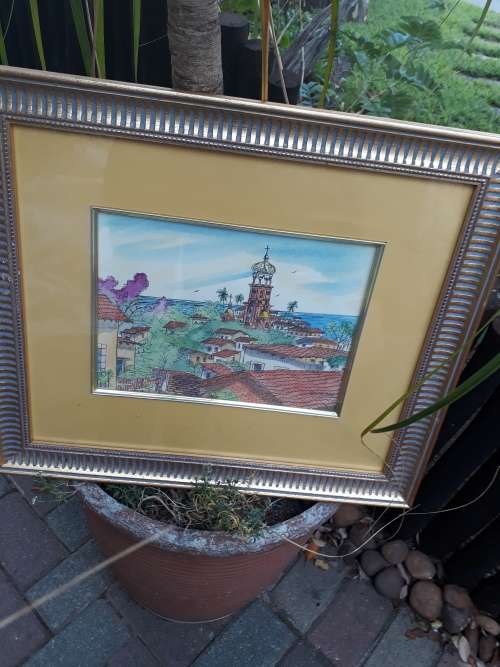 BEAUTIFULLY FRAMED ORIGINAL FRAMED INK? AND WATERCOLOUR PAINTING OF THE VILLAGE OF MONTALBAN SPAIN
