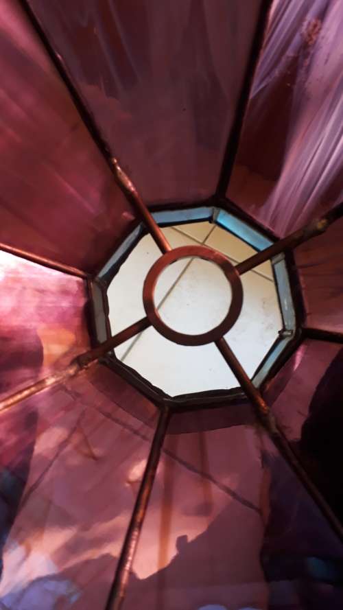 BEAUTIFUL STAINED GLASS & LEAD?? TIFFANY STYLED LAMP SHADE. HEAVY!