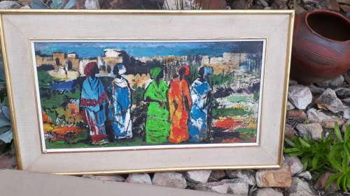 TEXTURED BRIGHT VINTAGE FRAMED SIGNED OIL ON BOARD WEST AFRICAN WOMEN