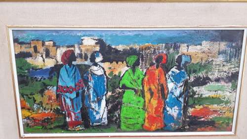 TEXTURED BRIGHT VINTAGE FRAMED SIGNED OIL ON BOARD WEST AFRICAN WOMEN