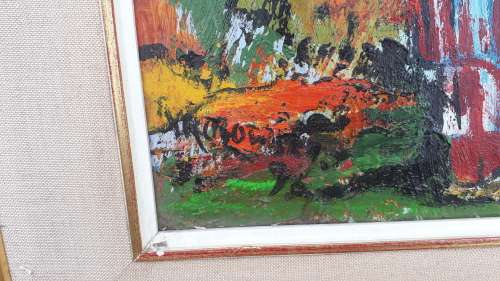 TEXTURED BRIGHT VINTAGE FRAMED SIGNED OIL ON BOARD WEST AFRICAN WOMEN