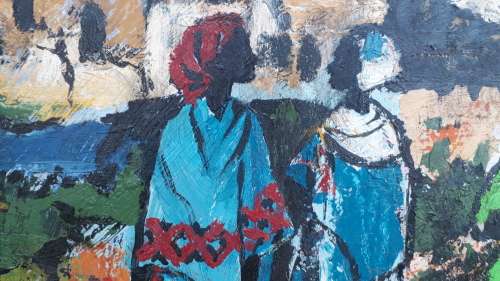 TEXTURED BRIGHT VINTAGE FRAMED SIGNED OIL ON BOARD WEST AFRICAN WOMEN