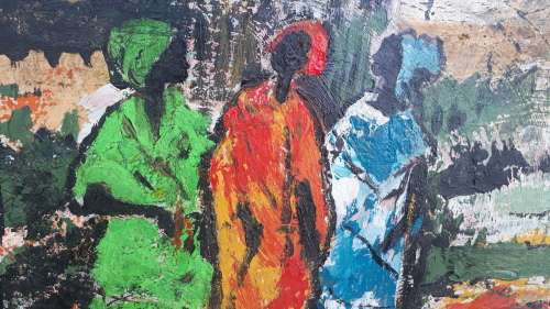 TEXTURED BRIGHT VINTAGE FRAMED SIGNED OIL ON BOARD WEST AFRICAN WOMEN