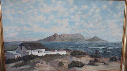 LARGE VINTAGE FRAMED OIL ON BOARD BY GEORGE PAUL CANITZ TABLE MOUNTAIN
