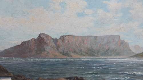 LARGE VINTAGE FRAMED OIL ON BOARD BY GEORGE PAUL CANITZ TABLE MOUNTAIN