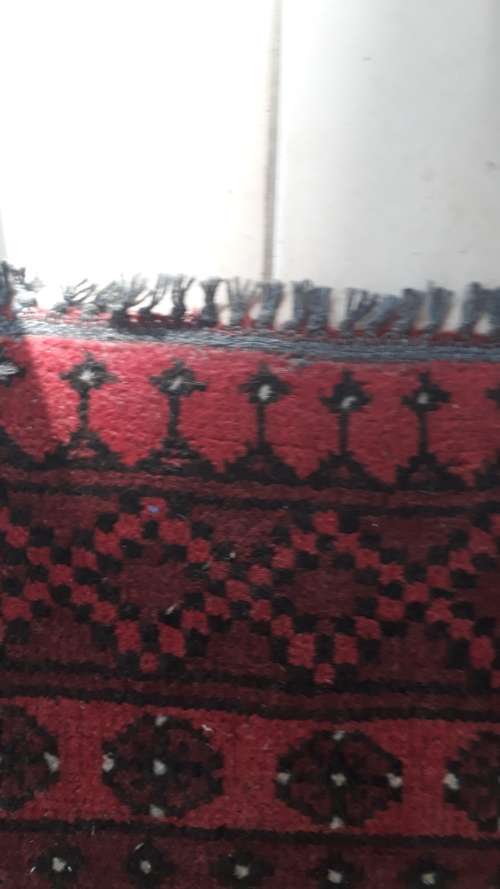 VERY NICE TYPICAL ORIENTAL PERSIAN STYLED HAND KNOTTED AFGHAN BOKHARA RUG REDS GEOMETRIC ETC