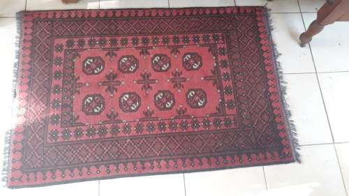 VERY NICE TYPICAL ORIENTAL PERSIAN STYLED HAND KNOTTED AFGHAN BOKHARA RUG REDS GEOMETRIC ETC