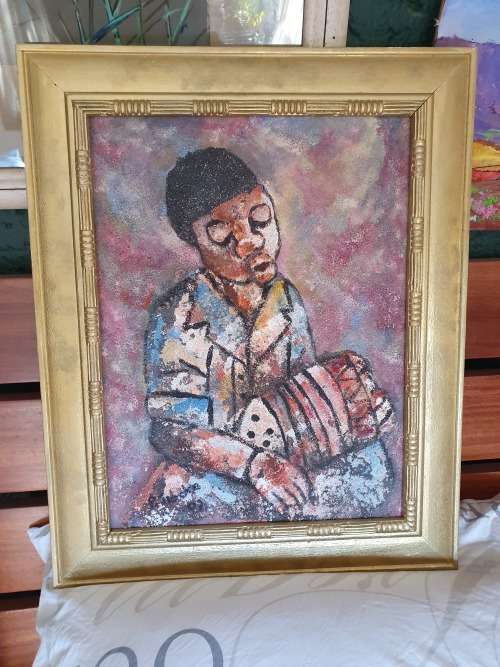 FANTASTIC & UNUSUAL ORIGINAL FRAMED PETER SIBEKO SAND ART PIECE OF MUSICIAN