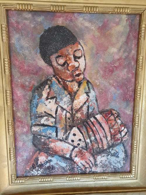 FANTASTIC & UNUSUAL ORIGINAL FRAMED PETER SIBEKO SAND ART PIECE OF MUSICIAN