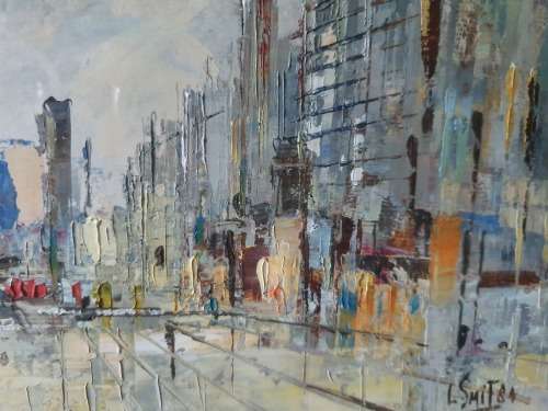 MAGNIFICENT BEAUTIFULLY FRAMED OIL/ACRYLIC CITY SCAPE BY ARTIST L SMIT 84