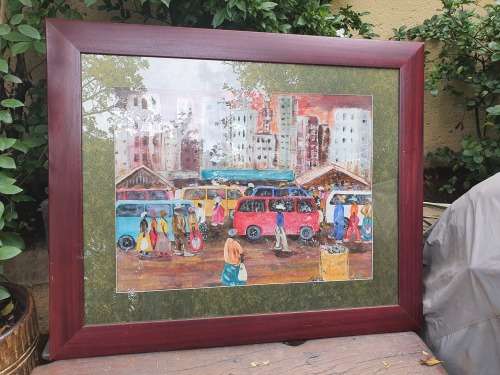 STUNNING ORIGINAL LARGE FRAMED KNOWN ARTIST DITABA ELIAS SEWAPE (BORN 1946) TOWNSHIP SCENE PAINTING