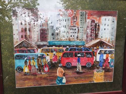 STUNNING ORIGINAL LARGE FRAMED KNOWN ARTIST DITABA ELIAS SEWAPE (BORN 1946) TOWNSHIP SCENE PAINTING