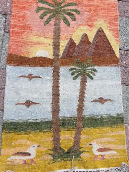 HAND MADE WOOL COLOURFUL TABLE OR OTHER RUG/TEXTILE OF PALMS, BIRDS AND PYRAMID SCENE