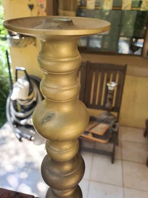 PAIR TALL BRASS CANDLE STICK HOLDERS WITH DETAIL COULD BE CONVERTED TO LAMP BASES?