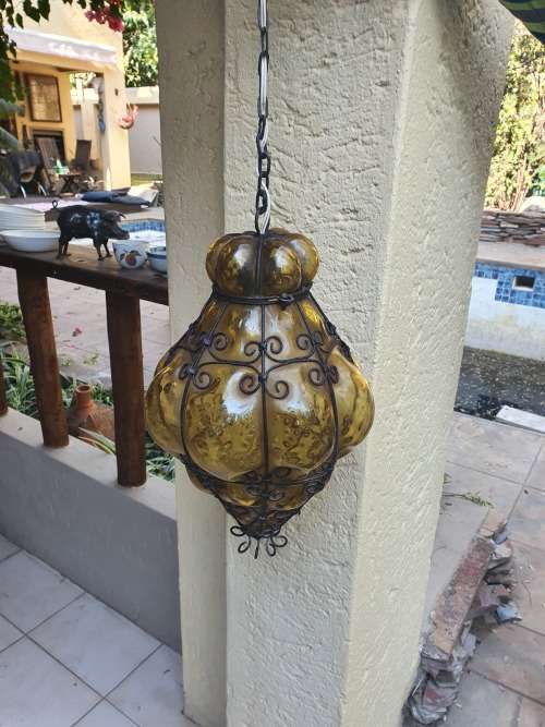 FOR USM VINTAGE BEAUTIFUL SEGUSO MURANO AMBER BULBOUS GLASS METAL CAGED PENDANT LIGHT