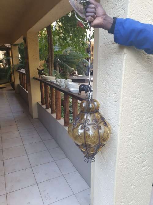 FOR USM VINTAGE BEAUTIFUL SEGUSO MURANO AMBER BULBOUS GLASS METAL CAGED PENDANT LIGHT