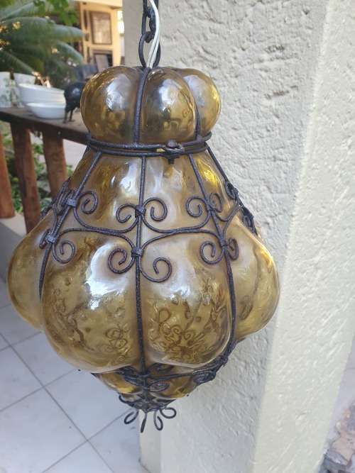 FOR USM VINTAGE BEAUTIFUL SEGUSO MURANO AMBER BULBOUS GLASS METAL CAGED PENDANT LIGHT