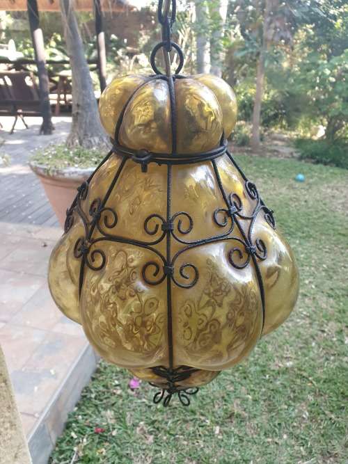 FOR USM VINTAGE BEAUTIFUL SEGUSO MURANO AMBER BULBOUS GLASS METAL CAGED PENDANT LIGHT