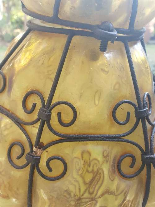 FOR USM VINTAGE BEAUTIFUL SEGUSO MURANO AMBER BULBOUS GLASS METAL CAGED PENDANT LIGHT