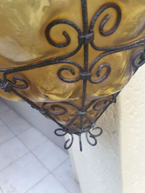 FOR USM VINTAGE BEAUTIFUL SEGUSO MURANO AMBER BULBOUS GLASS METAL CAGED PENDANT LIGHT