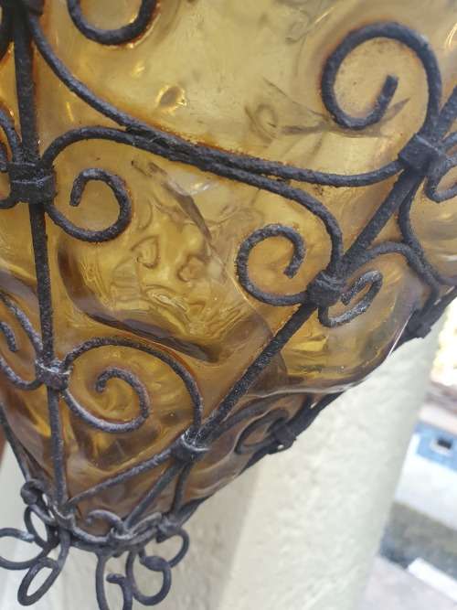 FOR USM VINTAGE BEAUTIFUL SEGUSO MURANO AMBER BULBOUS GLASS METAL CAGED PENDANT LIGHT