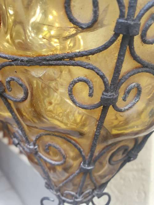 FOR USM VINTAGE BEAUTIFUL SEGUSO MURANO AMBER BULBOUS GLASS METAL CAGED PENDANT LIGHT