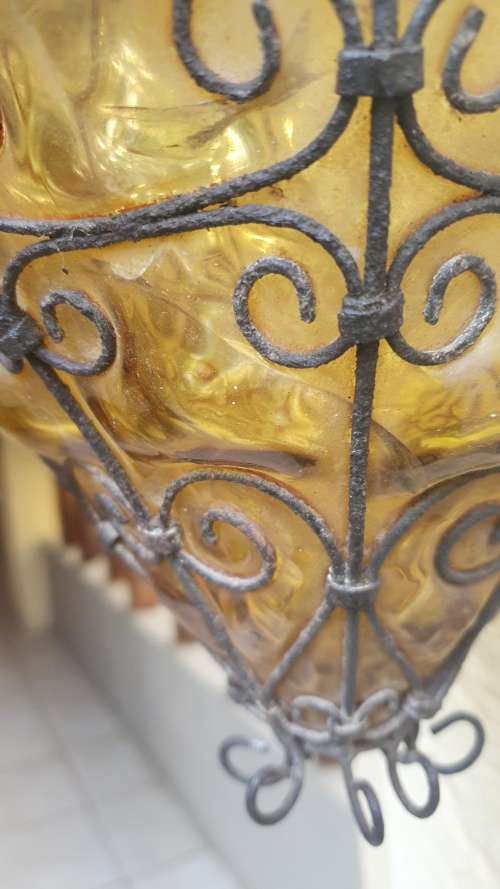 FOR USM VINTAGE BEAUTIFUL SEGUSO MURANO AMBER BULBOUS GLASS METAL CAGED PENDANT LIGHT