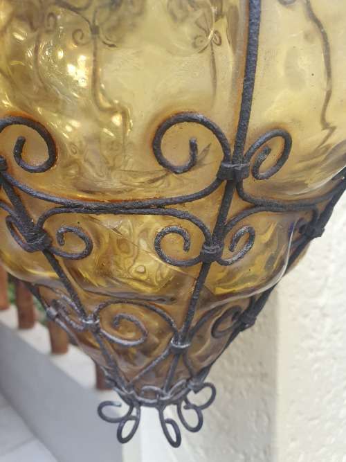 FOR USM VINTAGE BEAUTIFUL SEGUSO MURANO AMBER BULBOUS GLASS METAL CAGED PENDANT LIGHT