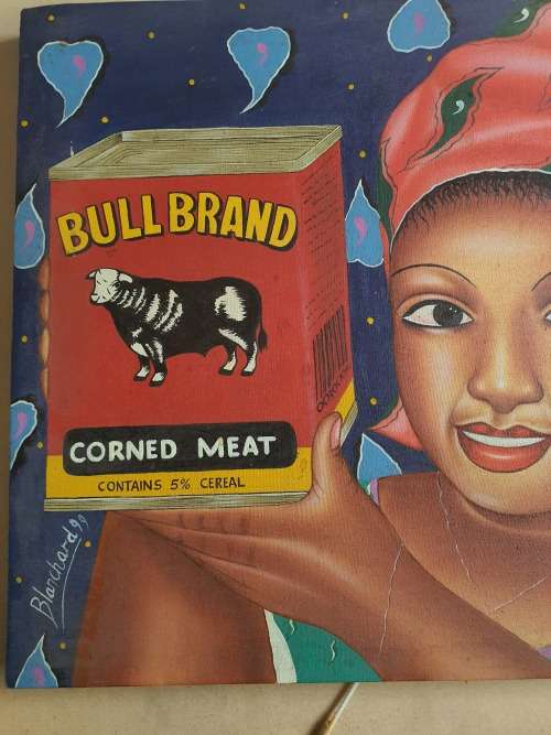 STUNNING VINTAGE SIGNED BLANCHARD `99 NAIVE AFRICAN WOMAN WITH BULL BRAND TIN CANVAS PAINTING