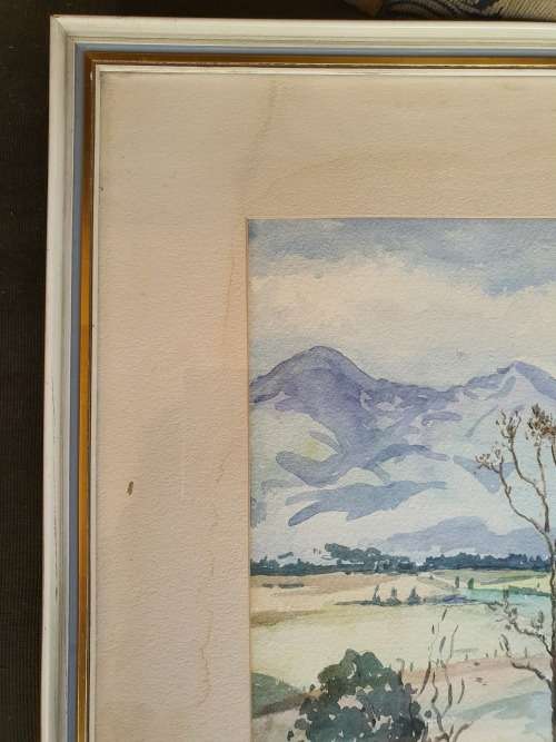 LOVELY LARGE FRAMED ORIGINAL LANDSCAPE WATERCOLOUR OF OUTENIQUA MOUNTAINS BY MYFANWY ADAMS