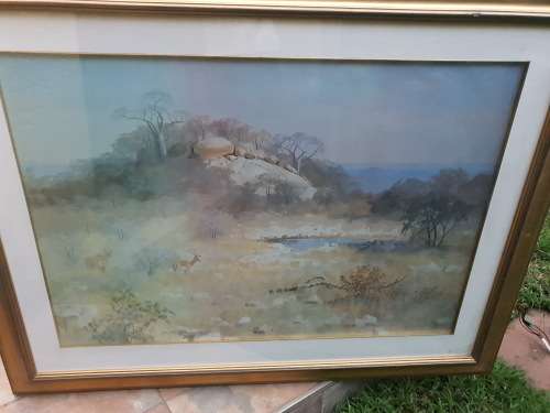 Very large framed gilt wood framed wildlife print impala etc