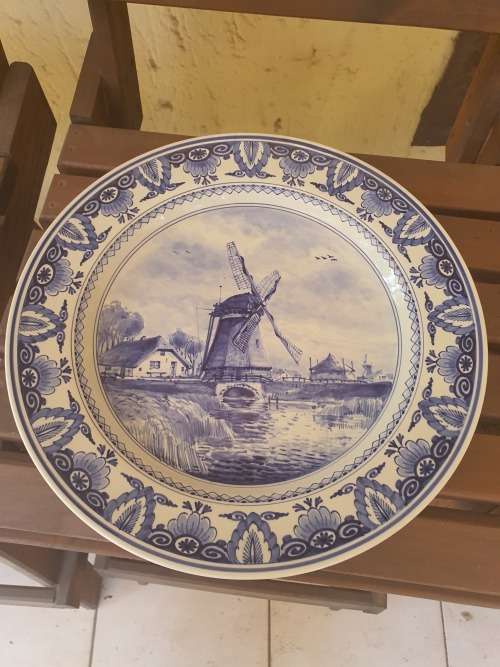 Beautiful blue and white Delft Holland charger like display piece with windmills, water etc 35.2cm