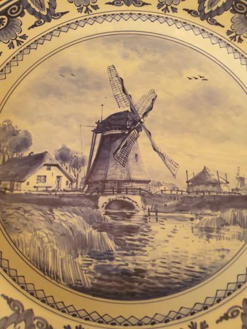 Beautiful blue and white Delft Holland charger like display piece with windmills, water etc 35.2cm