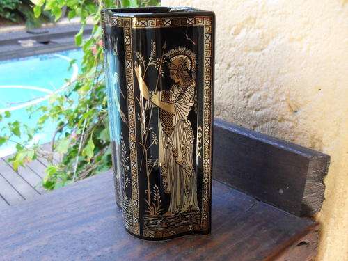 HAND MADE IN GREECE IN 24K GOLD STAKIAS P GREEK SCENES VASE BLACK/GOLD MUST VIEW!
