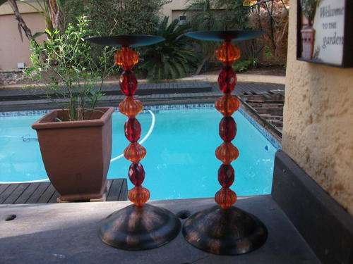 HAND MADE PAIR OF  COLOURFUL LARGE BEADS & COPPER?? CANDLE HOLDERS