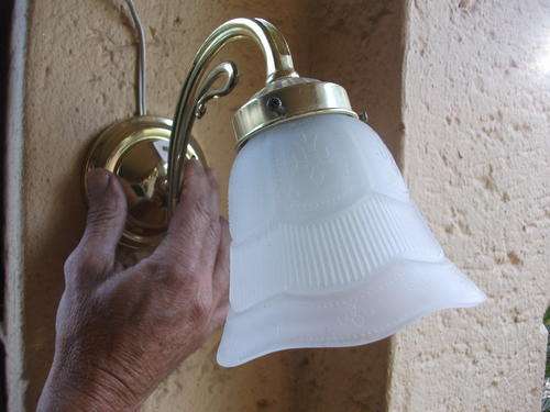 FOR YOUR CONSIDERATION A PAIR OF WALL LIGHTS. BRASS?? BRASS LOOK WITH NICE GLASS SHADES