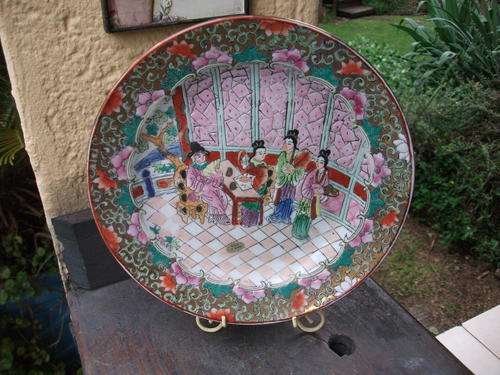 HAND PAINTED???? VERY DETAILED MARKED CHINESE PLATE WITH GILT, FLOWERS, TREE,  TEA SCENE