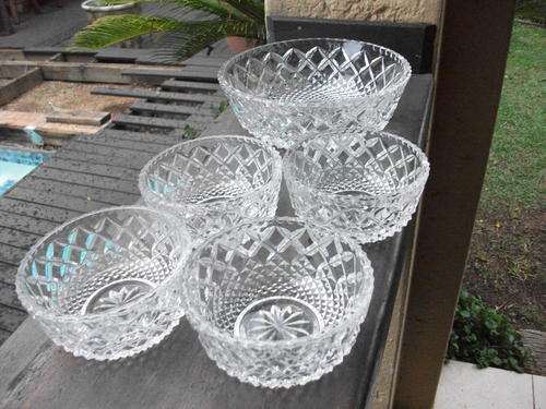 EXTREMELY HEAVY PRESSED GLASS POSSIBLY CRYSTAL??? ONE LARGE & 4 SMALL BOWLS. WOULD GRACE ANY TABLE