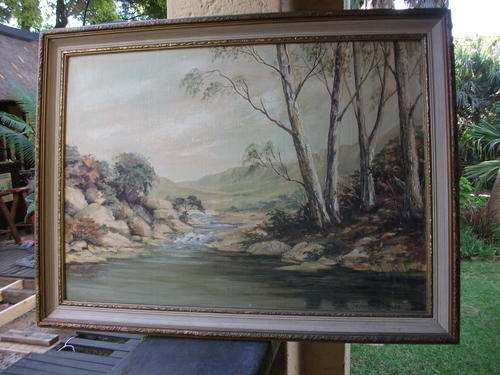 FRAMED OIL/ACRYLIC LANDSCAPE ON BOARD SIGNED JANET STOKES, GUM TREES ETC
