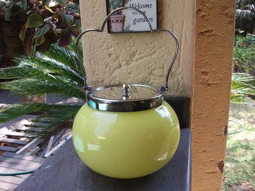 VINTAGE &  STRIKING GLASS YELLOW EXTERIOR & WHITE INTERIOR BISCUIT BARREL WITH SILVER PLATE LID ETC