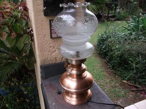 EXTREMELY APPEALING LIGHT COPPER COLOURED BASE PLUS LOVELY DETAILED FLORAL SHADE. WORTH A LOOK!