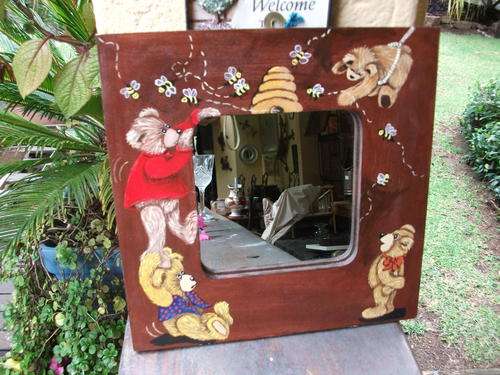 BEAUTIFULLY HAND PAINTED HONEY HUNTERS BEAR MIRROR FOR A CHILD'S ROOM. PIECE OF ART AS WELL!