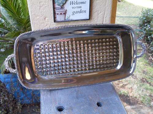 WOULD THINK MODERN, SILVER PLATED???? RECTANGULAR TRAY WITH HANDLES AND GORGEUS RAISED SQUARE DETAIL