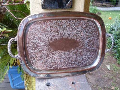 RATHER NICE VINTAGE?? SILVER PLATED RECTANGULAR TRAY WITH HANDLES AND DETAIL