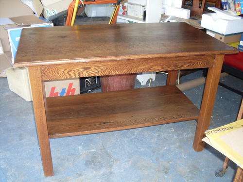 VINTAGE PARTRIDGE WOOD LARGE AND HEAVY OFFICE OR UTILITY TWO TIER TABLE. HAS WOW CHARACTER!