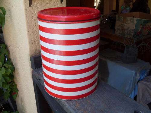 VINTAGE LARGE (TALL) AND GORGEOUS GOODHOPE WARE RED AND WHITE STRIPED TIN STORAGE CONTAINER WITH LID