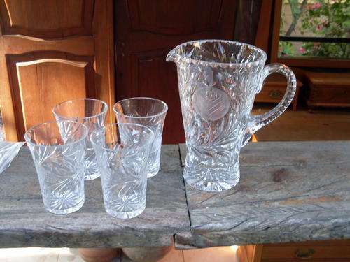 ABSOLUTELY STUNNING ROSE CUT (ROSECUT) CRYSTAL LARGE JUG & FOUR LIKE GLASSES. BEAUTIES!
